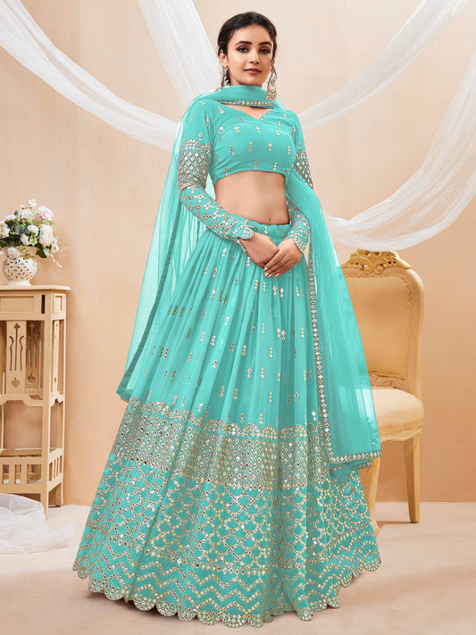 Incredible Sky Blue Sequins Georgette Engagement Wear Lehenga Choli - Zeel Clothing