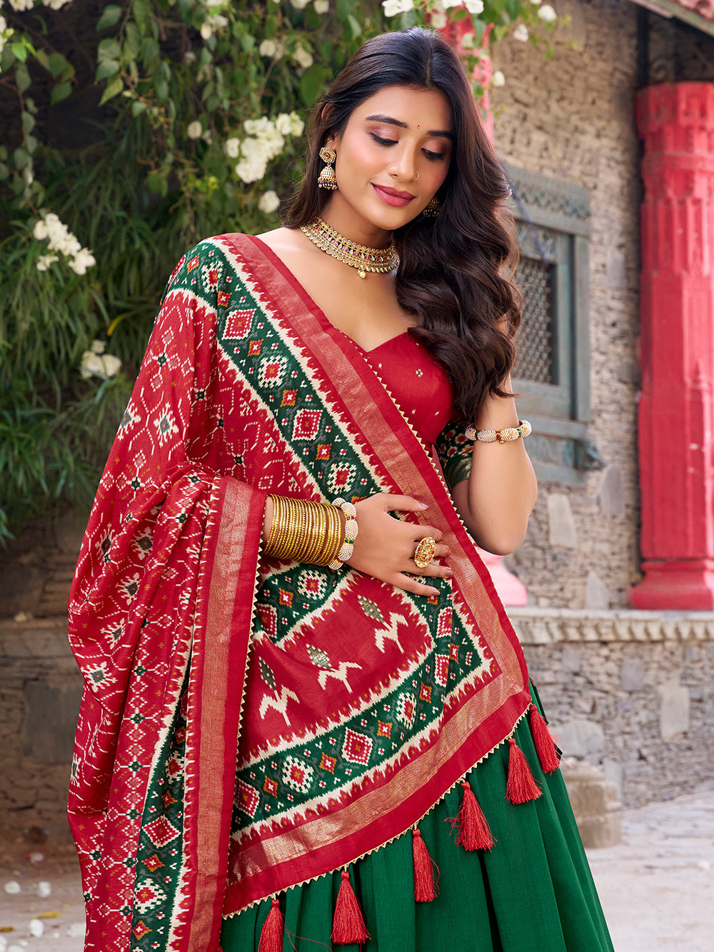 Green Color Patola Printed Tussar Silk Lehenga Choli