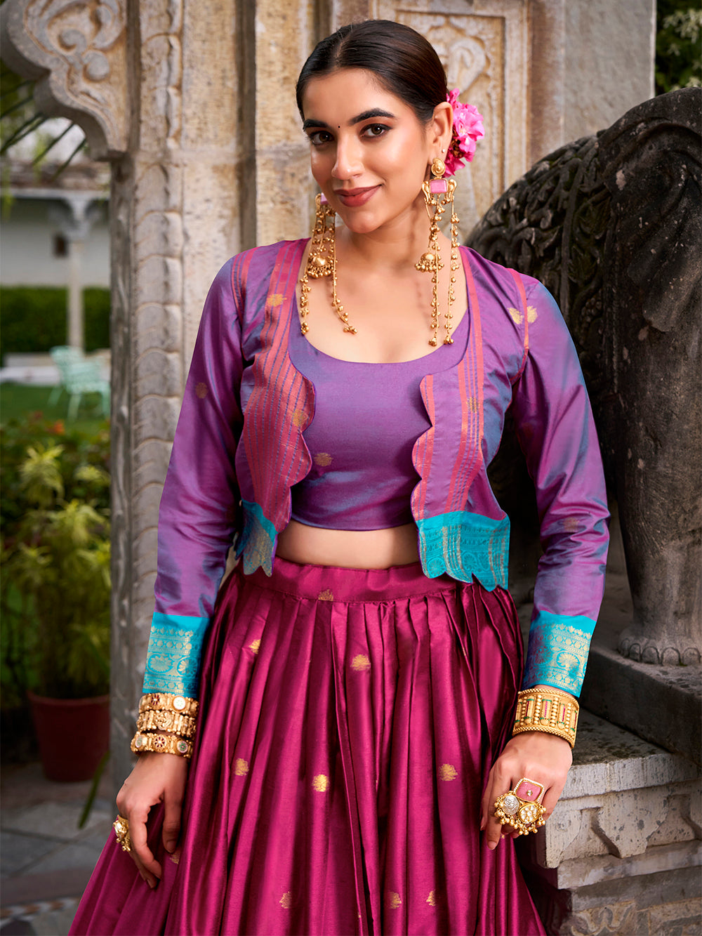 Pink Color Zari Weaving Work Poly Cotton Lehenga Choli