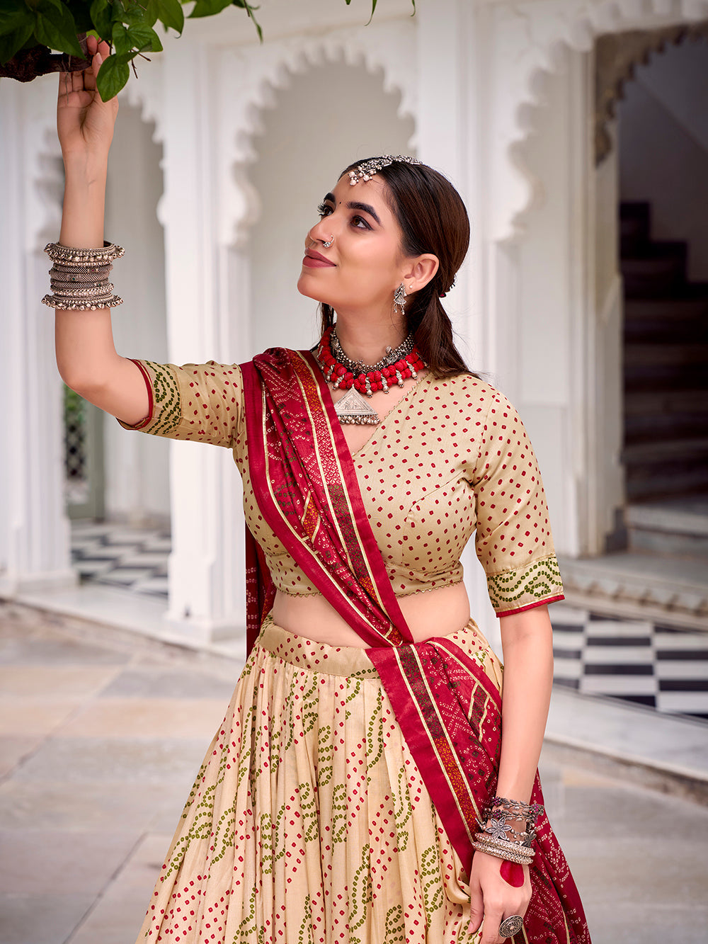 Off White Color Bandhej Print With Gotta Patti Lace Tasar Silk Lehenga Choli