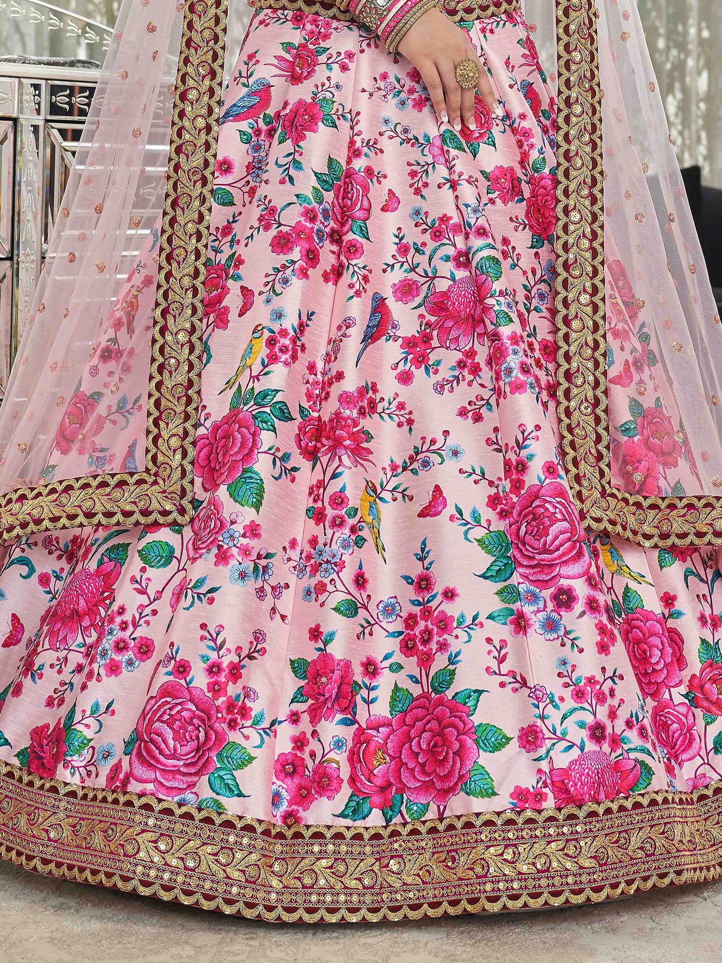 Light Pink Floral Printed Art Silk Wedding Wear Lehenga Choli - Zeel Clothing