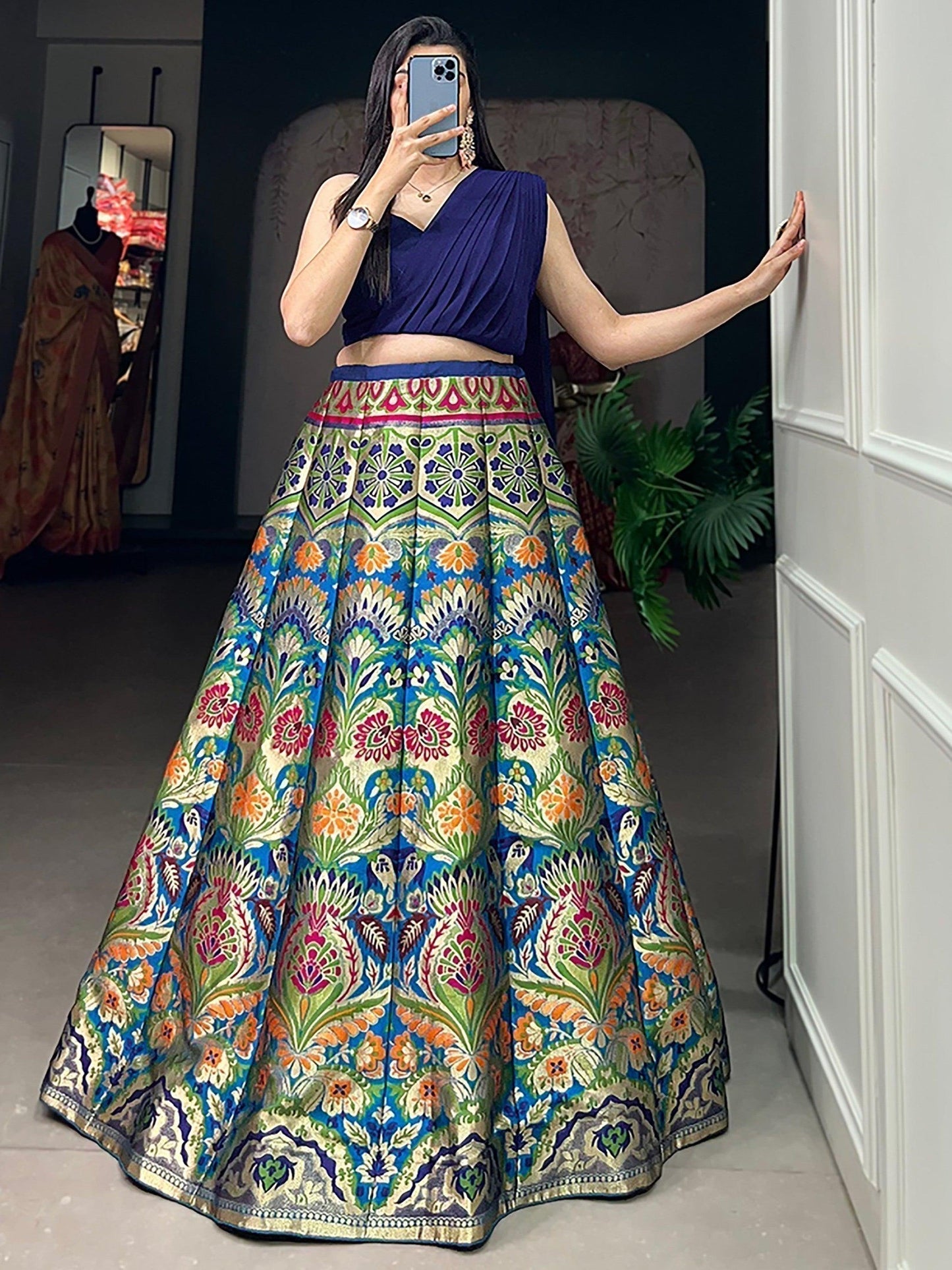 Captivating Blue Zari Weaving Silk Indo-Western Crop Top Lehenga