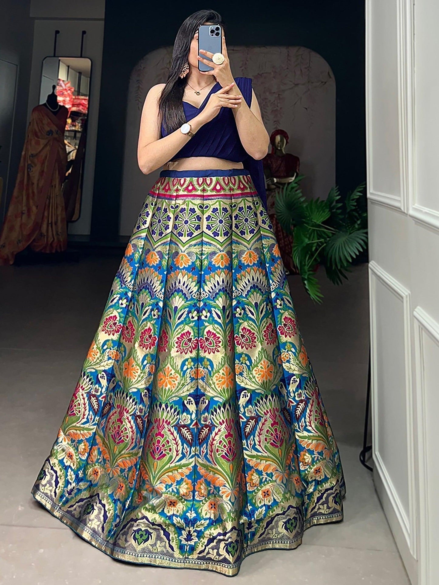 Captivating Blue Zari Weaving Silk Indo-Western Crop Top Lehenga