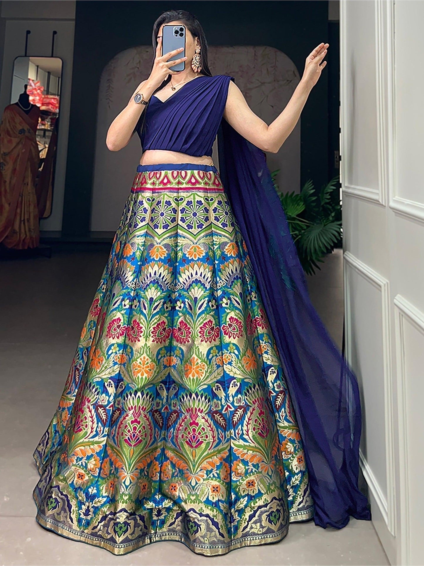 Captivating Blue Zari Weaving Silk Indo-Western Crop Top Lehenga