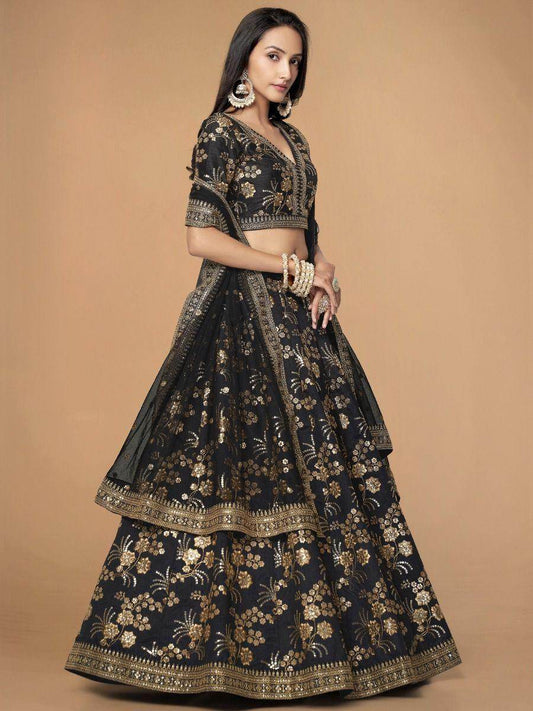 Lovely Black Sequins Silk Reception Wear Lehenga Choli With Blouse - Zeel Clothing