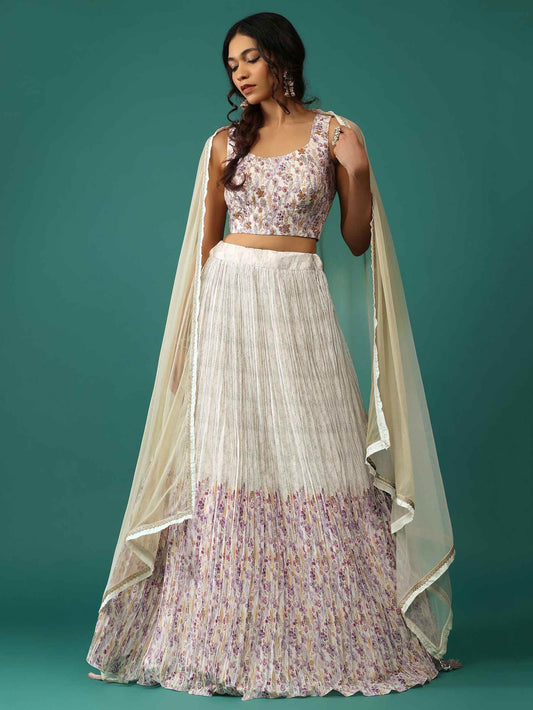 Lovely Off-White Floral Printed Georgette Festival Wear Lehenga Choli - Zeel Clothing