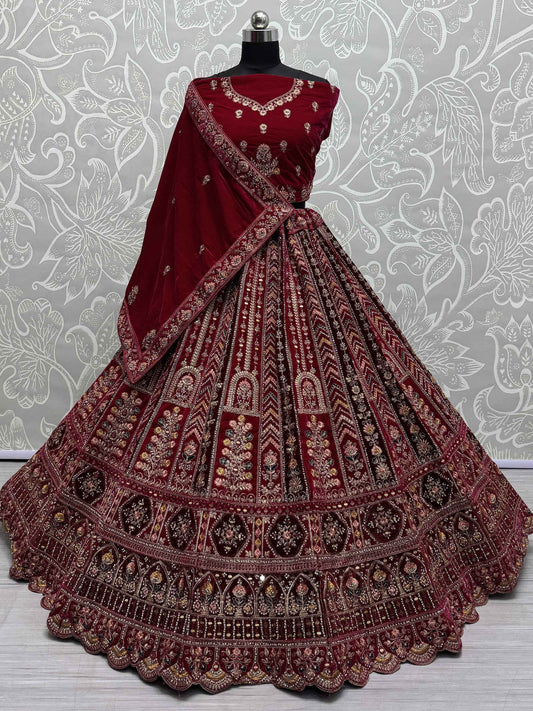 Lovely Red Jarkan Work Velvet Bridal Lehenga Choli With Double Dupatta - Zeel Clothing