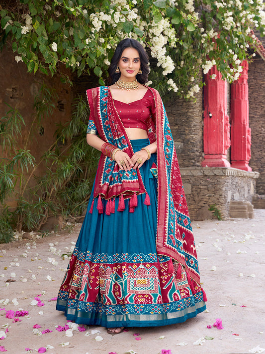 Teal Color Patola Printed Tussar Silk Lehenga Choli