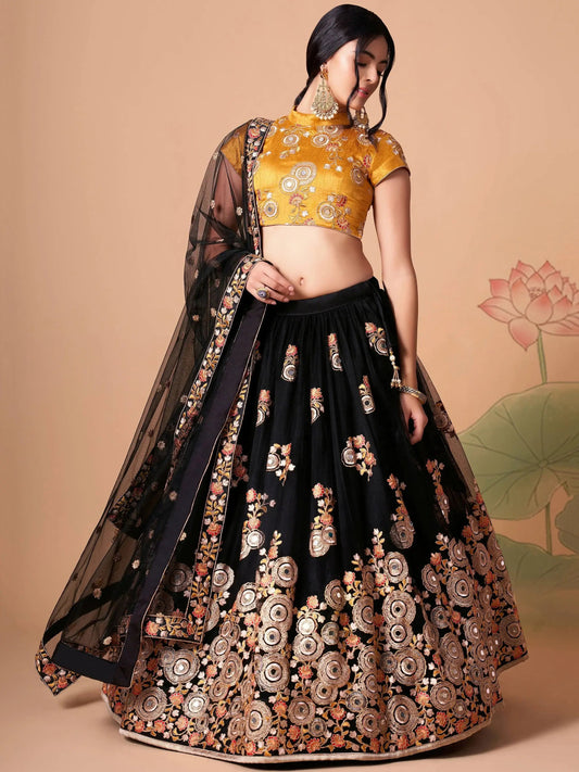 Magnificent Black Mirror Work Net Party Wear Lehenga choli - Zeel Clothing