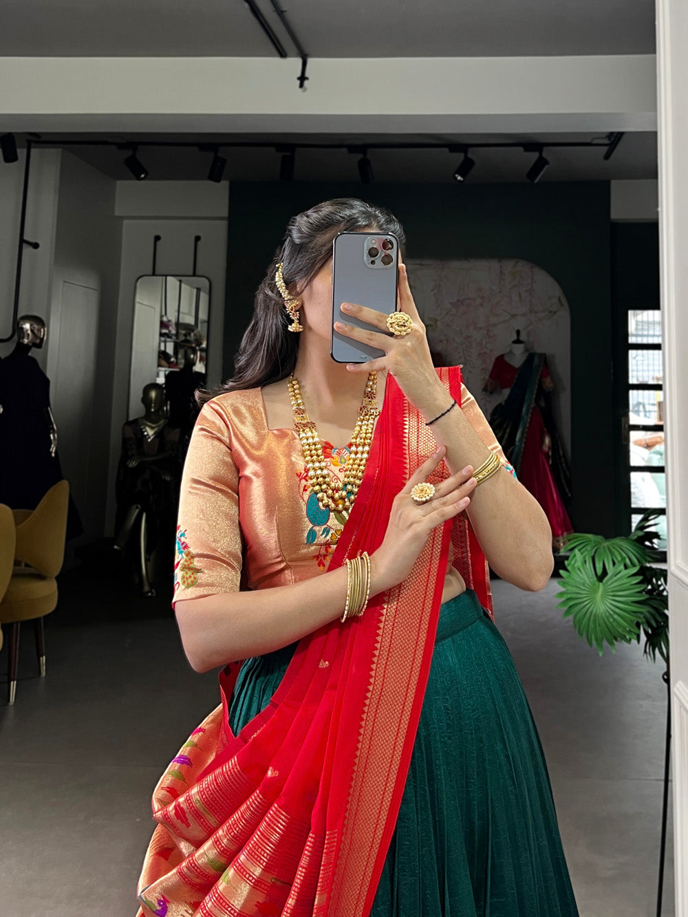 Green Color Zari Weaving With Lace Border Vichitra Silk Lehenga Choli