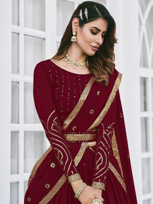 Maroon Sequins Georgette Wedding Wear Lehenga Choli - Zeel Clothing
