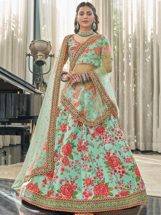 Mint Green Floral Printed Art Silk Wedding Wear Lehenga Choli - Zeel Clothing