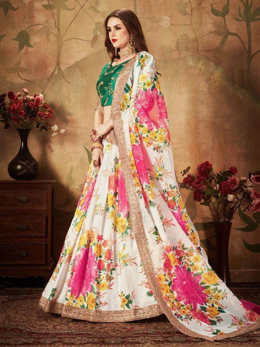 Off-White Floral Digital Printed Organza Bridal Lehenga Choli - Zeel Clothing