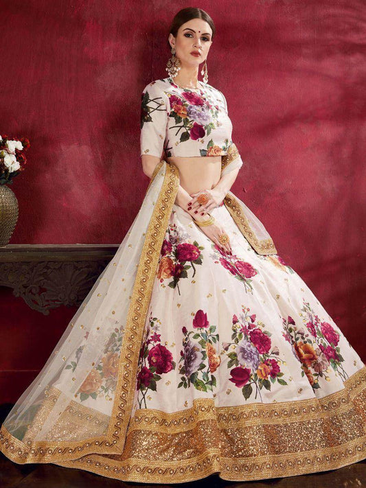 Off-White Floral Print Banglori Silk Wedding Wear Lehenga Choli - Zeel Clothing