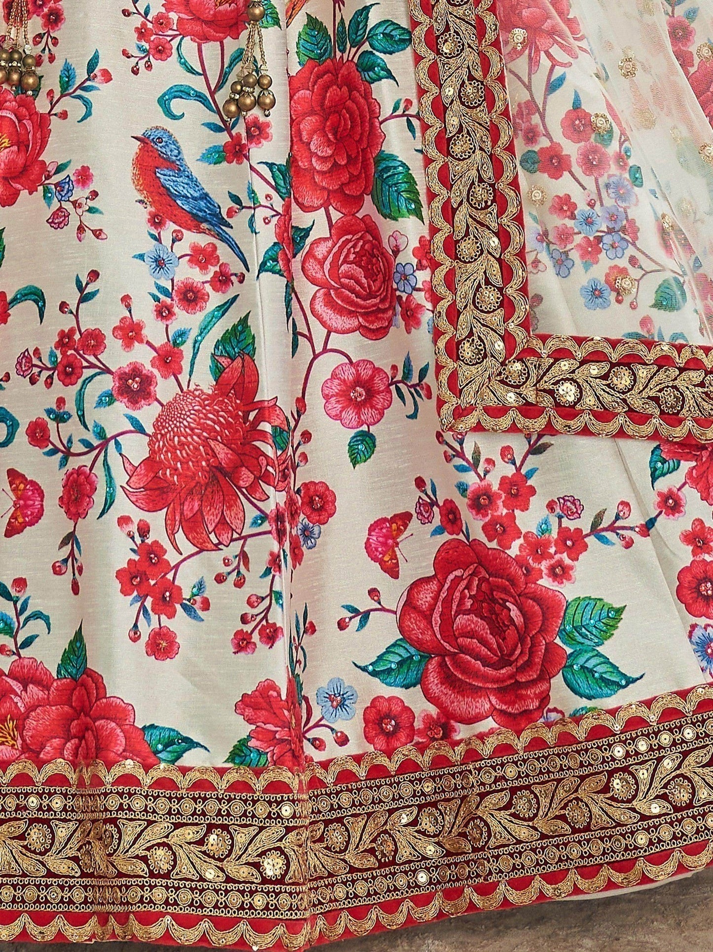 Off-White Floral Printed Art Silk Wedding Wear Lehenga Choli - Zeel Clothing