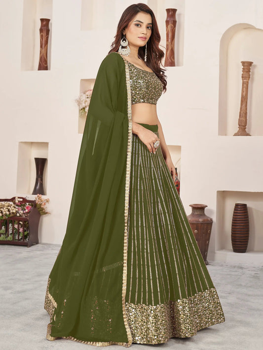 Outstanding Green Sequins Georgette Mehendi Wear Lehenga Choli - Zeel Clothing