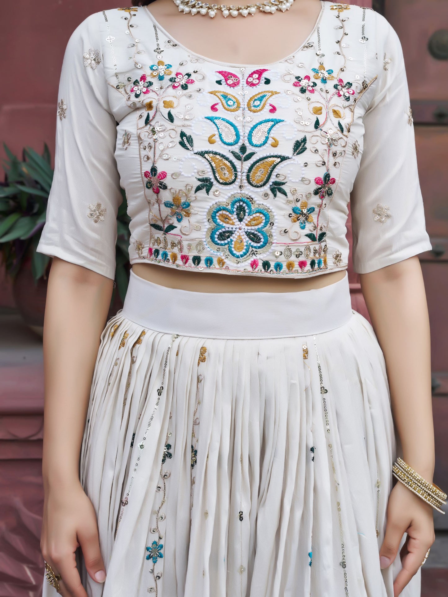 Fantastic Off-White Floral Embroidery Tissue Designer Lehenga Choli With Pink Dupatta