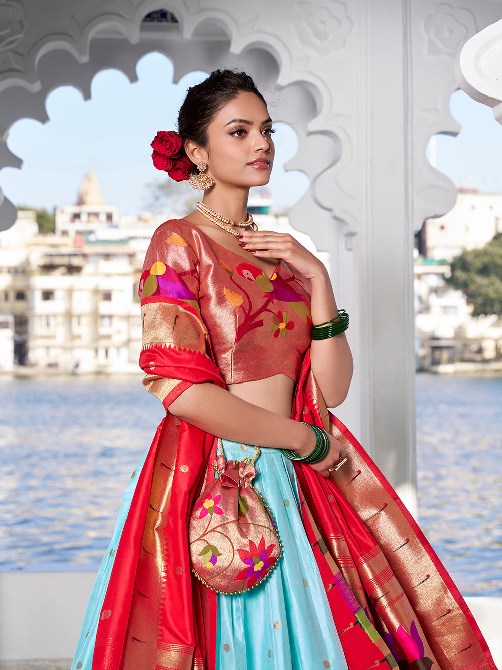 Sky Blue Weaving Zari Work With Jacquard Silk (Paithani) South Lehenga Choli