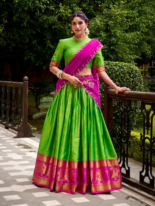 Parrot Color Zari Weaving Work Poly Cotton Lehenga Choli