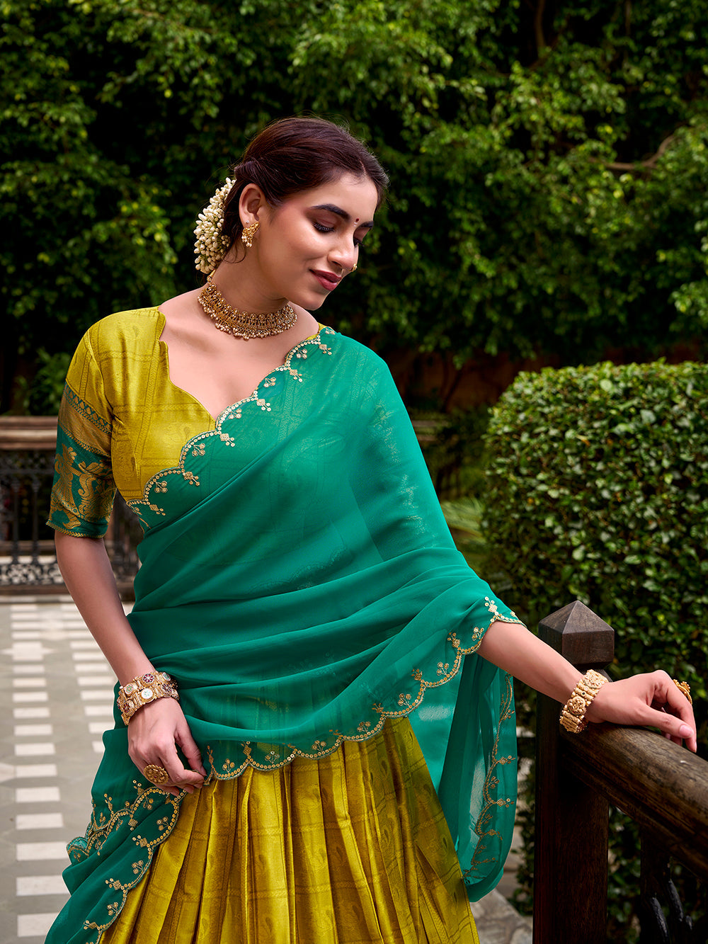 Yellow Color Zari Weaving Work Poly Cotton Lehenga Choli