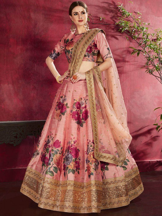 Peach Floral Print Banglori Silk Wedding Wear Lehenga Choli - Zeel Clothing