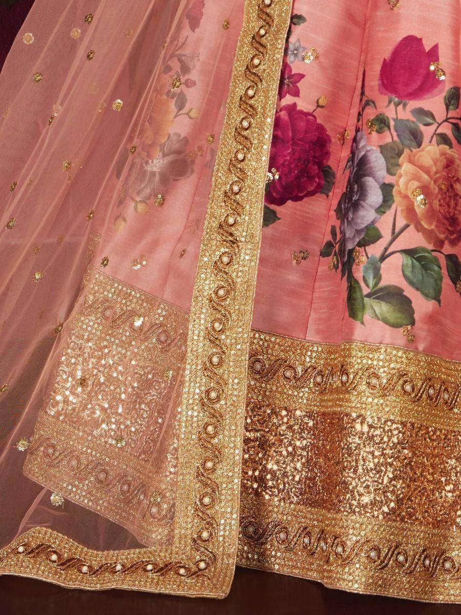 Peach Floral Print Banglori Silk Wedding Wear Lehenga Choli - Zeel Clothing