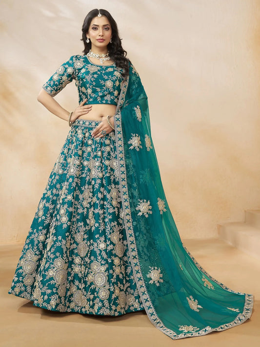 Phenomenal Teal Green Sequins Silk Bridesmaid Lehenga Choli With Dupatta - Zeel Clothing