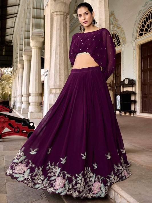 Pleasing Wine Embroidered Georgette Designer Crop Top Lehenga - Zeel Clothing