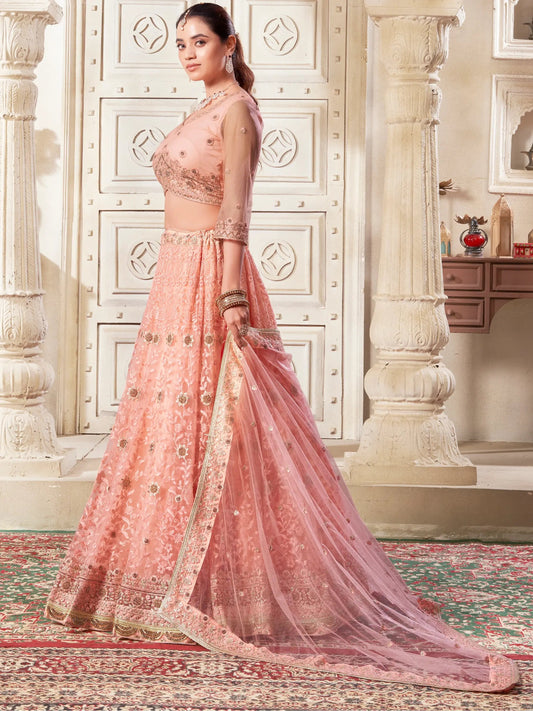 Precious Peach Thread Work Net Bridesmaid Lehenga Choli - Zeel Clothing