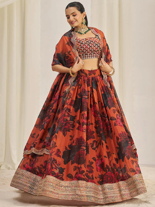 Pretty Orange Sequins Organza Engagement Wear Lehenga Choli - Zeel Clothing