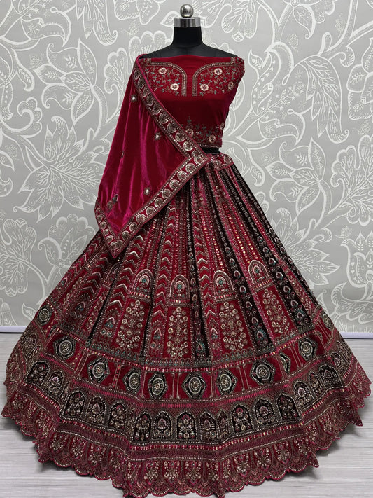 Pretty Pink Thread Work Velvet Bridal Lehenga Choli With Double Dupatta - Zeel Clothing