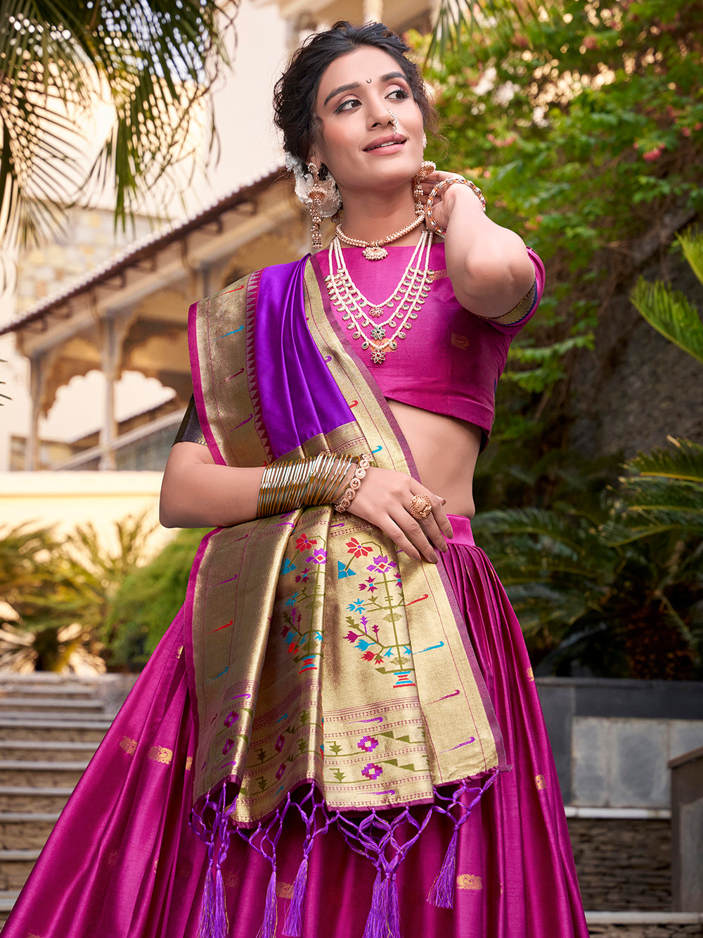 Pink Color Zari Weaving Work Jacquard Silk(Paithani) Lehenga Choli