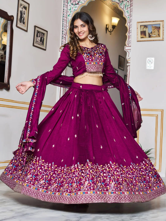 Regal Purple Thread Work Silk Festive Wear Lehenga Choli With Dupatta