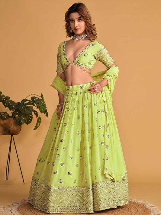 Ravished Lime Green Embroidered Georgette Traditional Lehenga Choli - Zeel Clothing