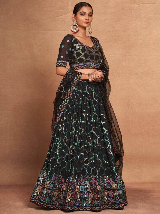 Ravishing Black Sequins Georgette Designer Lehenga Choli With Dupatta - Zeel Clothing