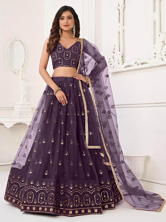 Ravishing Dark Purple Sequins Net Lehenga Choli With Dupatta - Zeel Clothing