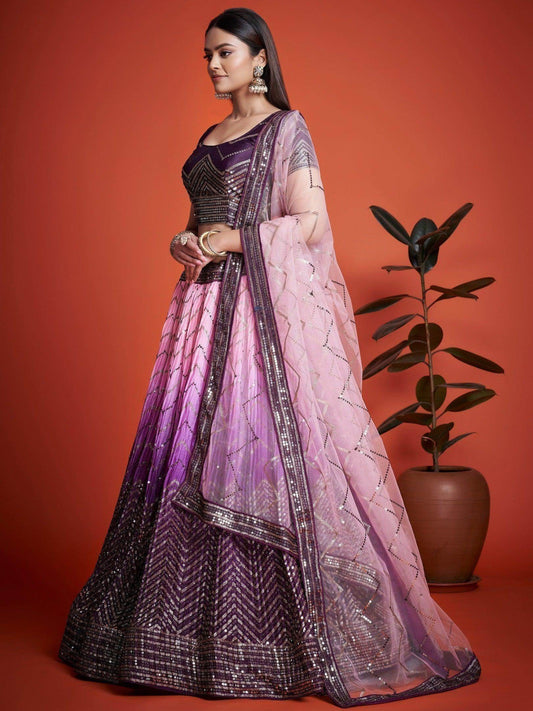 Ravishing Purple Sequins Chinon Lehenga Choli With Dupatta - Zeel Clothing