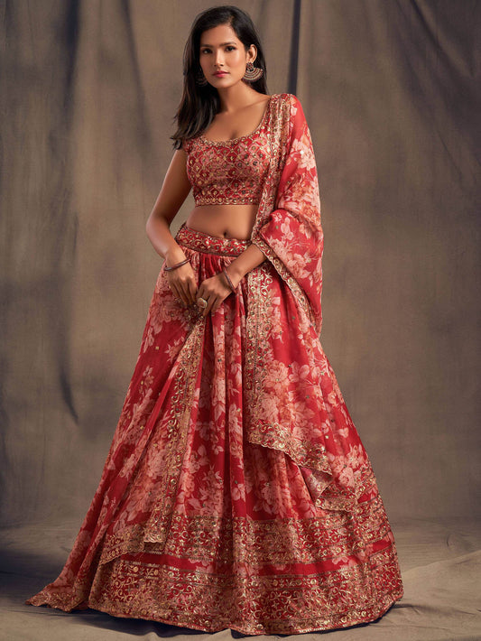Red Floral Printed Organza Festival Lehenga Choli - Zeel Clothing