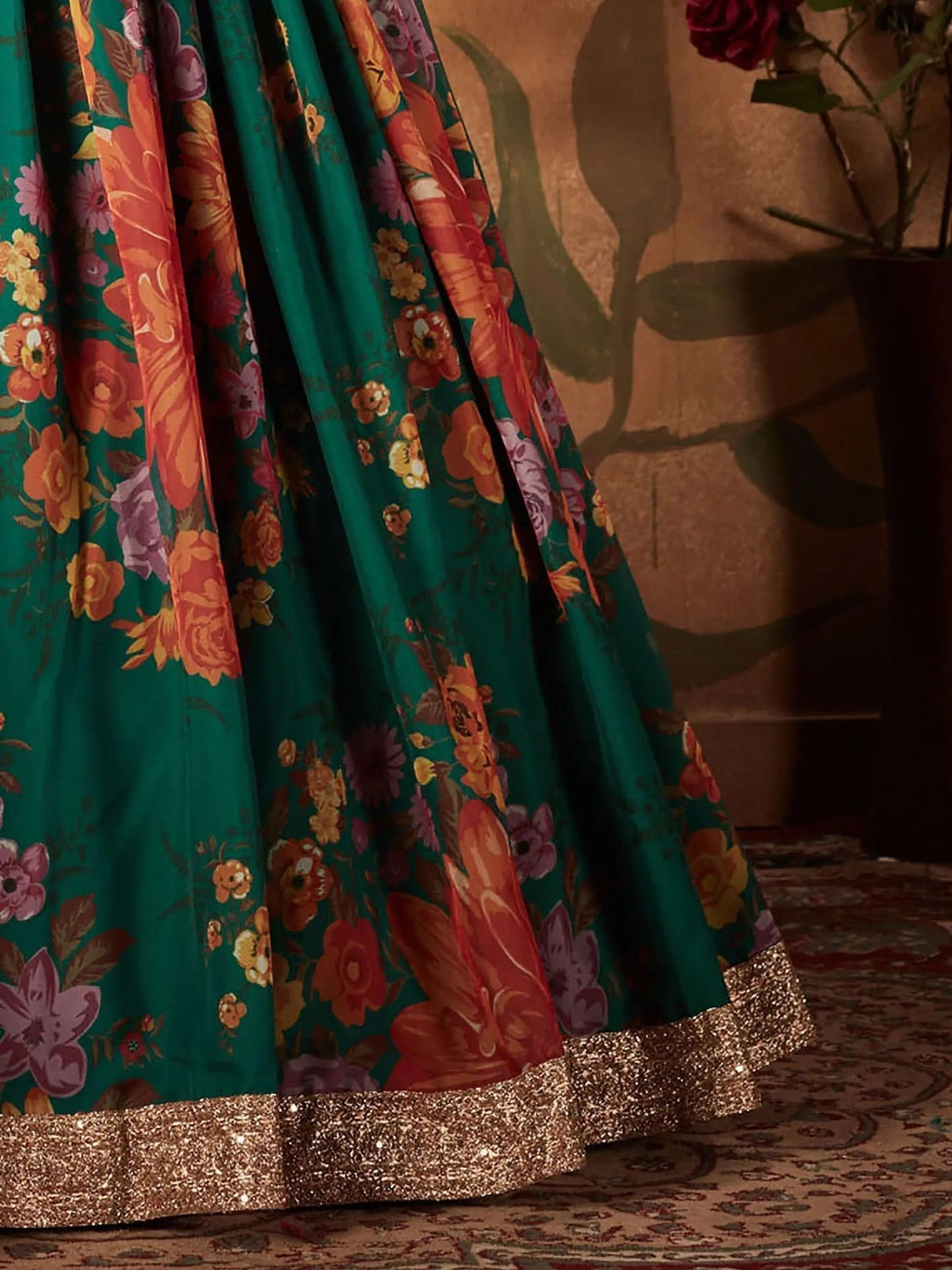 Refreshing Dark Green Floral Print Organza Silk Wedding Lehenga Choli With Orange Blouse - Zeel Clothing