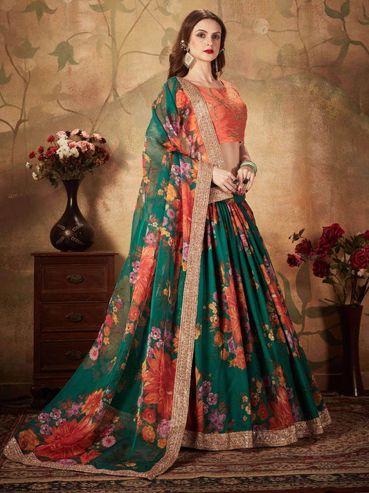 Refreshing Dark Green Floral Print Organza Silk Wedding Lehenga Choli With Orange Blouse - Zeel Clothing