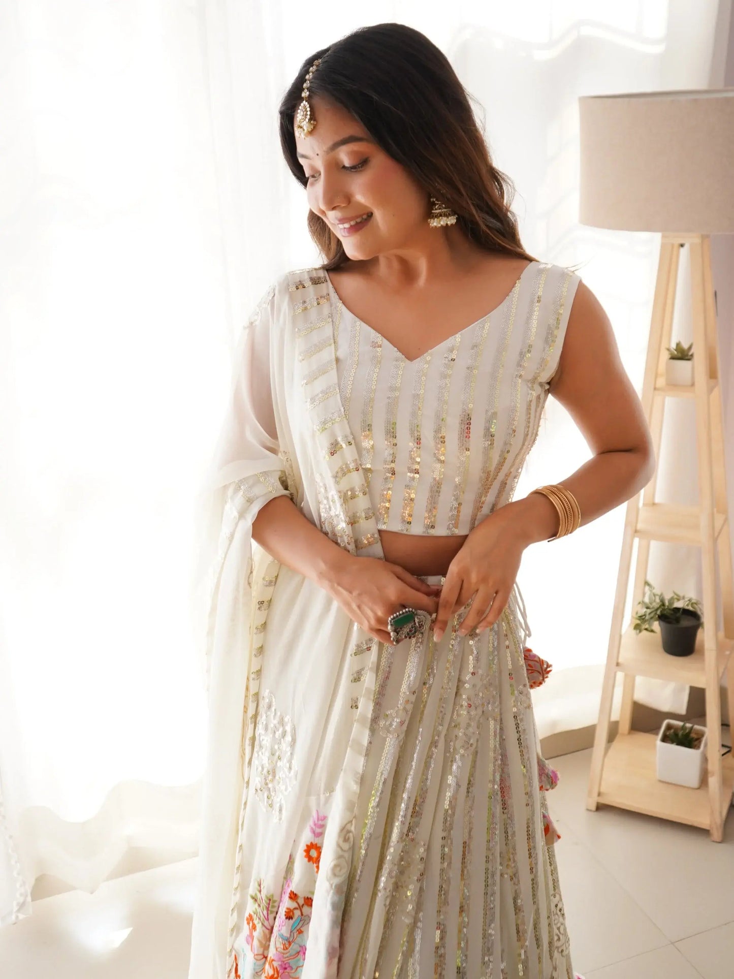 Rich White Sequins Georgette Party Wear Lehenga Choli With Dupatta - Zeel Clothing