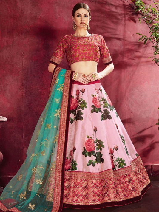 Rose-Pink Floral Print Banglori Silk Wedding Wear Lehenga Choli - Zeel Clothing