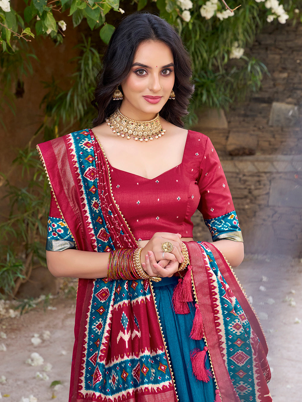 Teal Color Patola Printed Tussar Silk Lehenga Choli