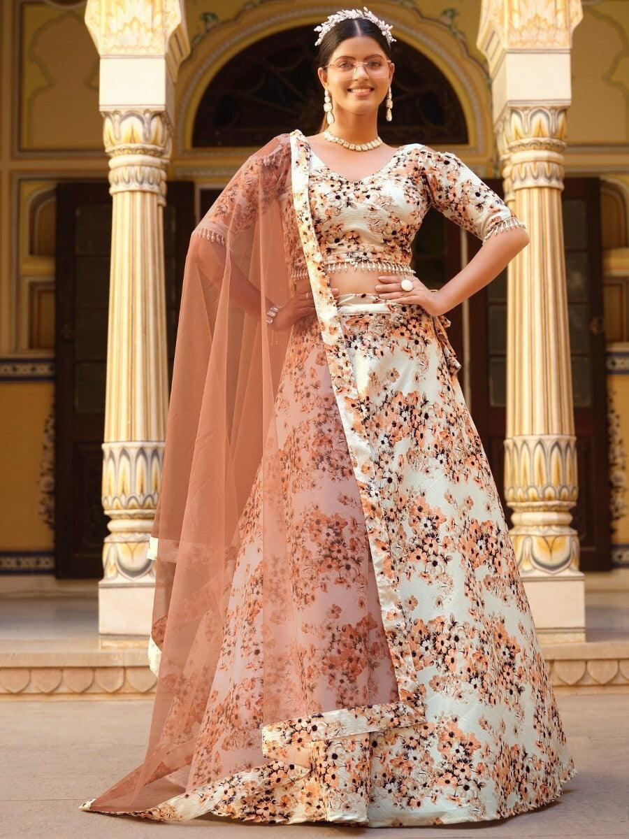 Ravishing Off-White Floral Printed Silk Events Wear Lehenga Choli
