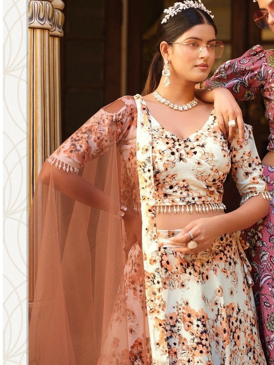 Ravishing Off-White Floral Printed Silk Events Wear Lehenga Choli