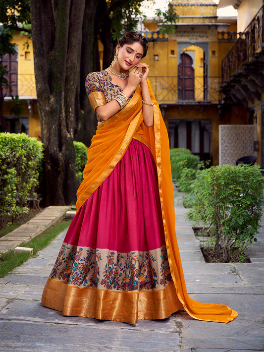 Pink Color Printed With Zari Weaving Work Astha Silk Lehenga Choli