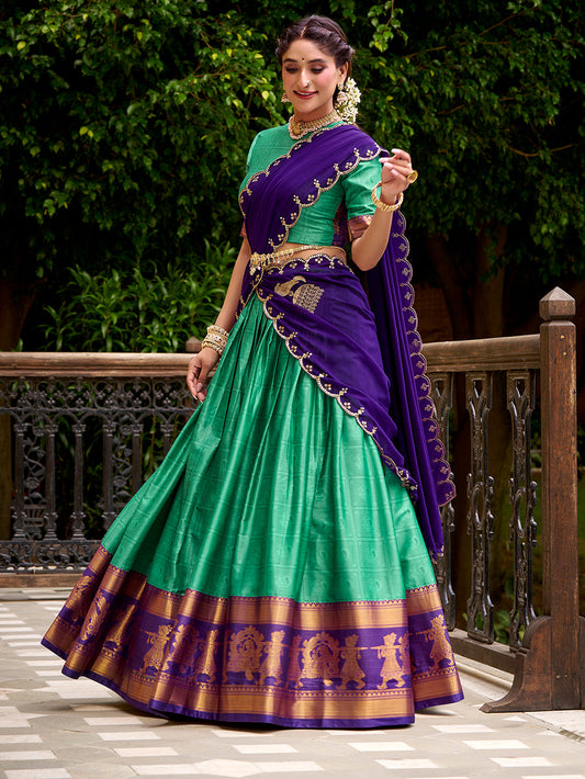 Bottle Green Color Zari Weaving Work Poly Cotton Lehenga Choli