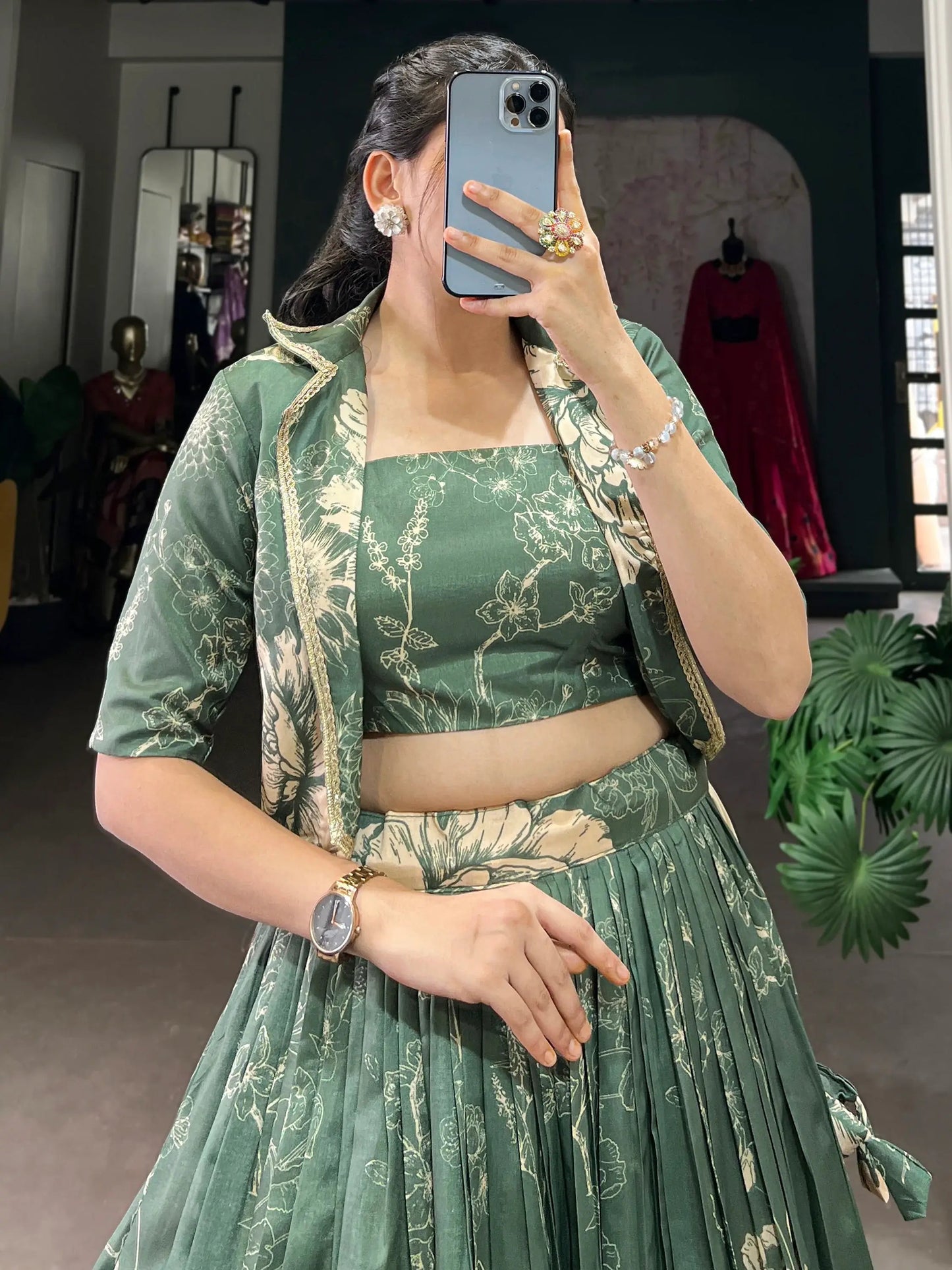 Spectacular Bottle Green Floral Printed Crop Top Lehenga With Jacket - Zeel Clothing