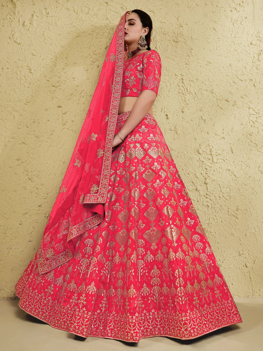 Spectacular Peach Sequins Work Slub Silk Traditional Wear Lehenga Choli - Zeel Clothing