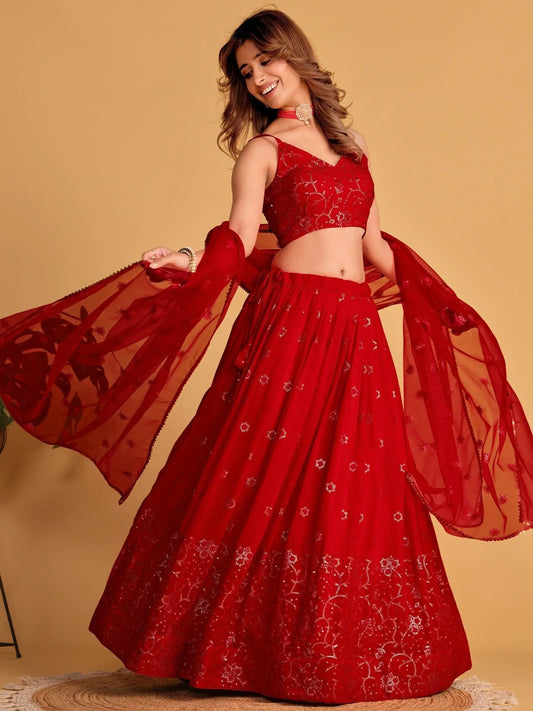 Spectacular Red Sequins Georgette Reception Wear Lehenga Choli - Zeel Clothing